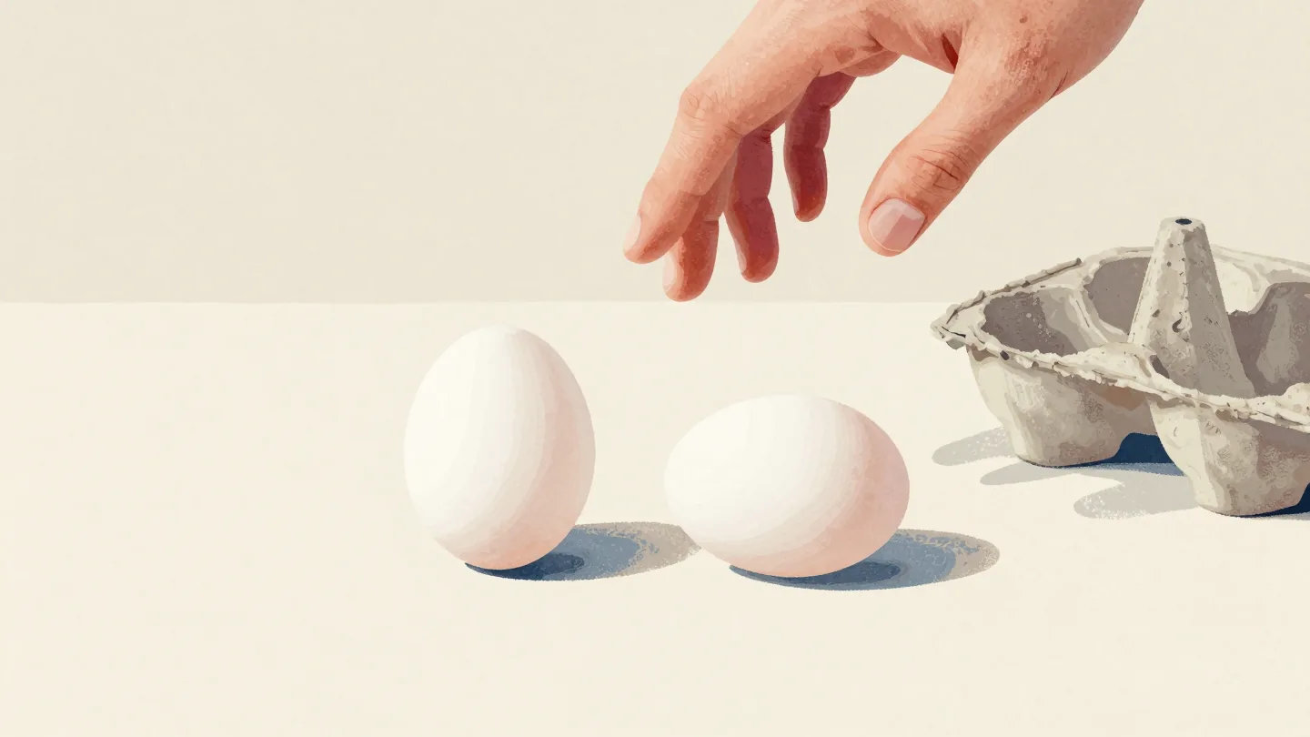 Two identical white eggs spinning on a kitchen counter, one smooth and one wobbling, a hand hovering above