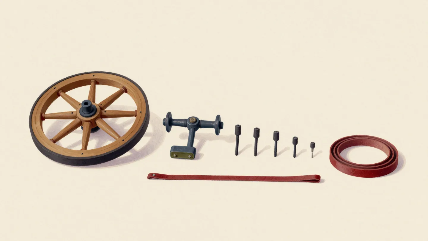 An old spinning wheel taken apart and laid out on a workshop floor in rows from largest part to smallest.