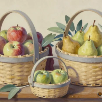 A small basket of green apples sits before larger baskets filled with apples and pears.
