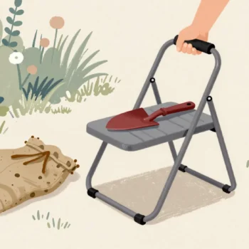 A garden kneeler with new side handles beside an old muddy folded sack, a red trowel on its pad
