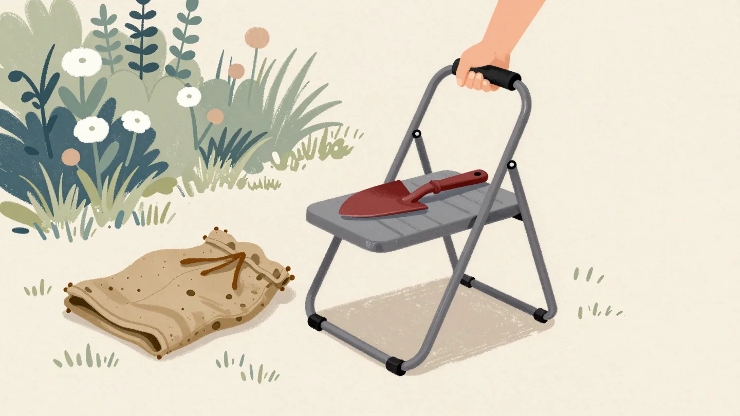 A garden kneeler with new side handles beside an old muddy folded sack, a red trowel on its pad