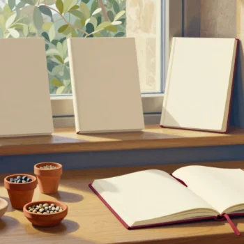 Filled terracotta specimen pots and a shallow filled bowl beside an empty bowl, an open blank book and three blank folios.
