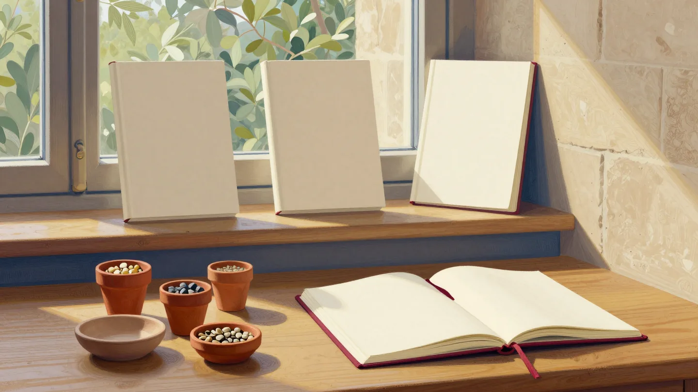 Filled terracotta specimen pots and a shallow filled bowl beside an empty bowl, an open blank book and three blank folios.