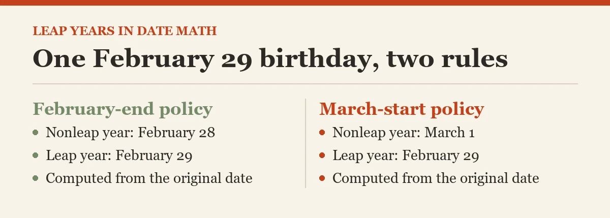 One February 29 birthday, two rules: a diagram about the leap years