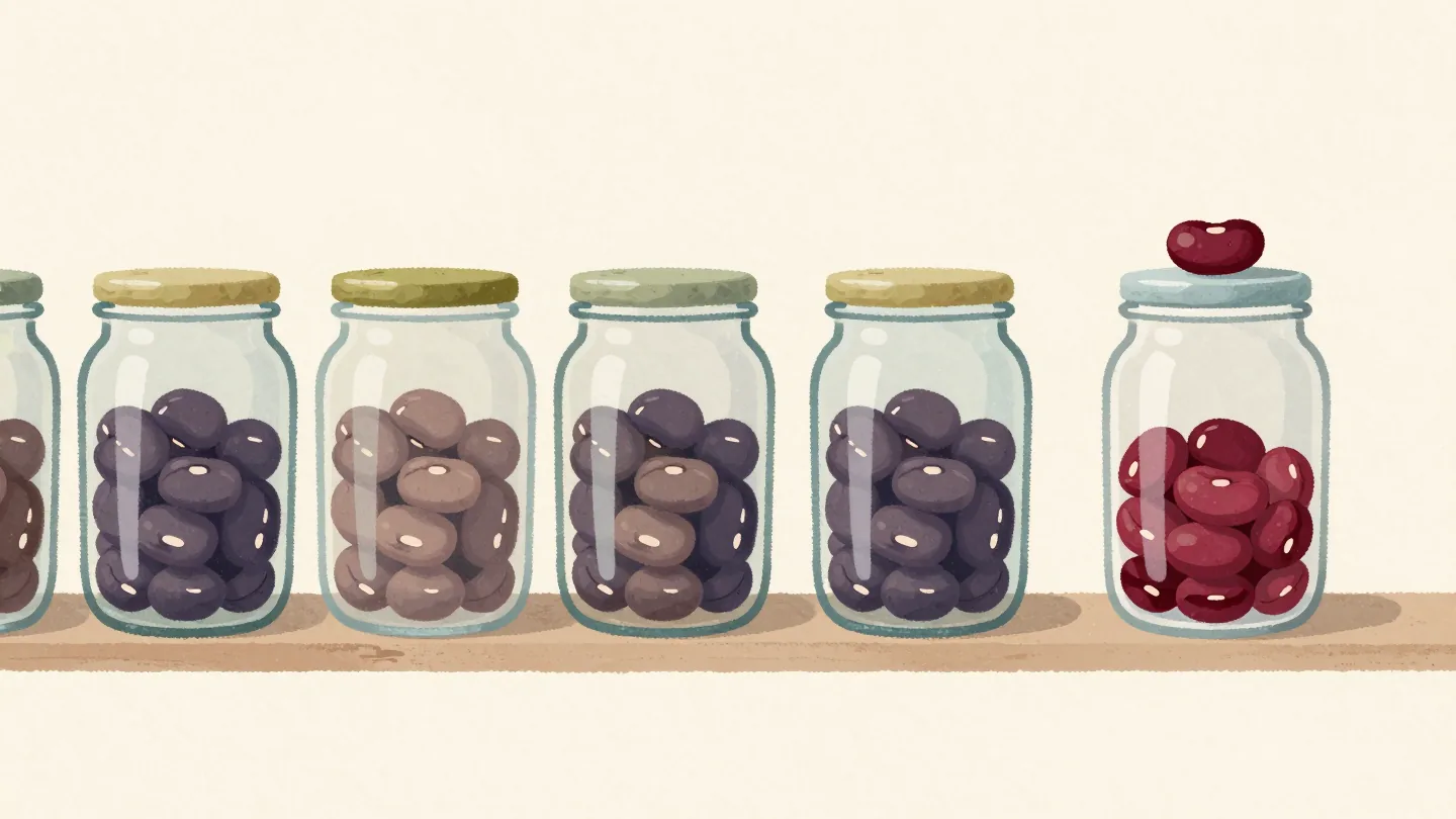 A row of bean jars on a shelf, one jar with a single extra red bean on top