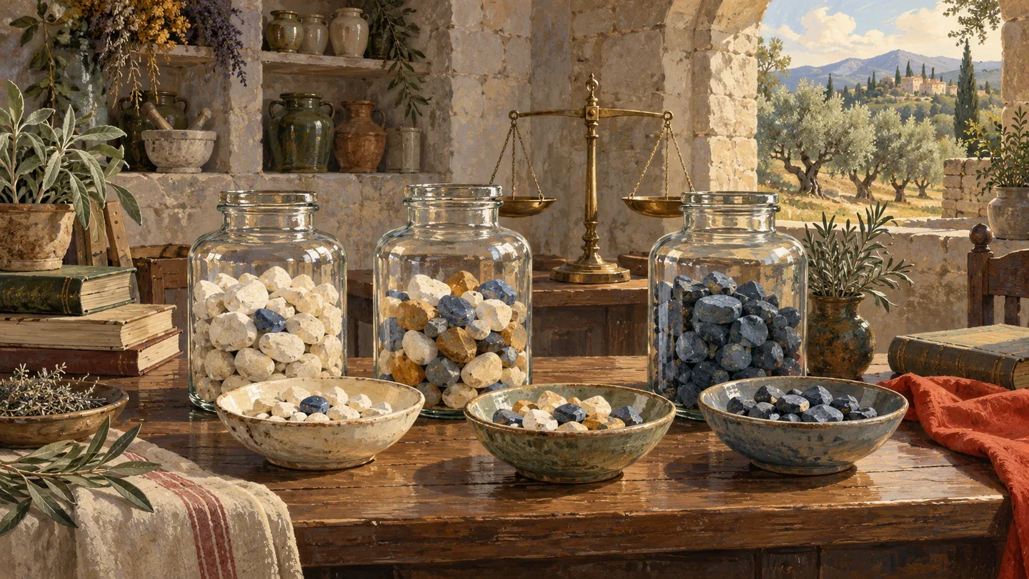 LIKE cardinality illustrated by clear jars containing different stone mixtures beside bowls on a rich apothecary bench.