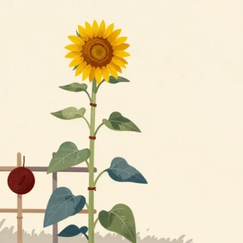 A sunflower tied to a bamboo cane with twine knots marking its height, evenly spaced until one sits far higher.