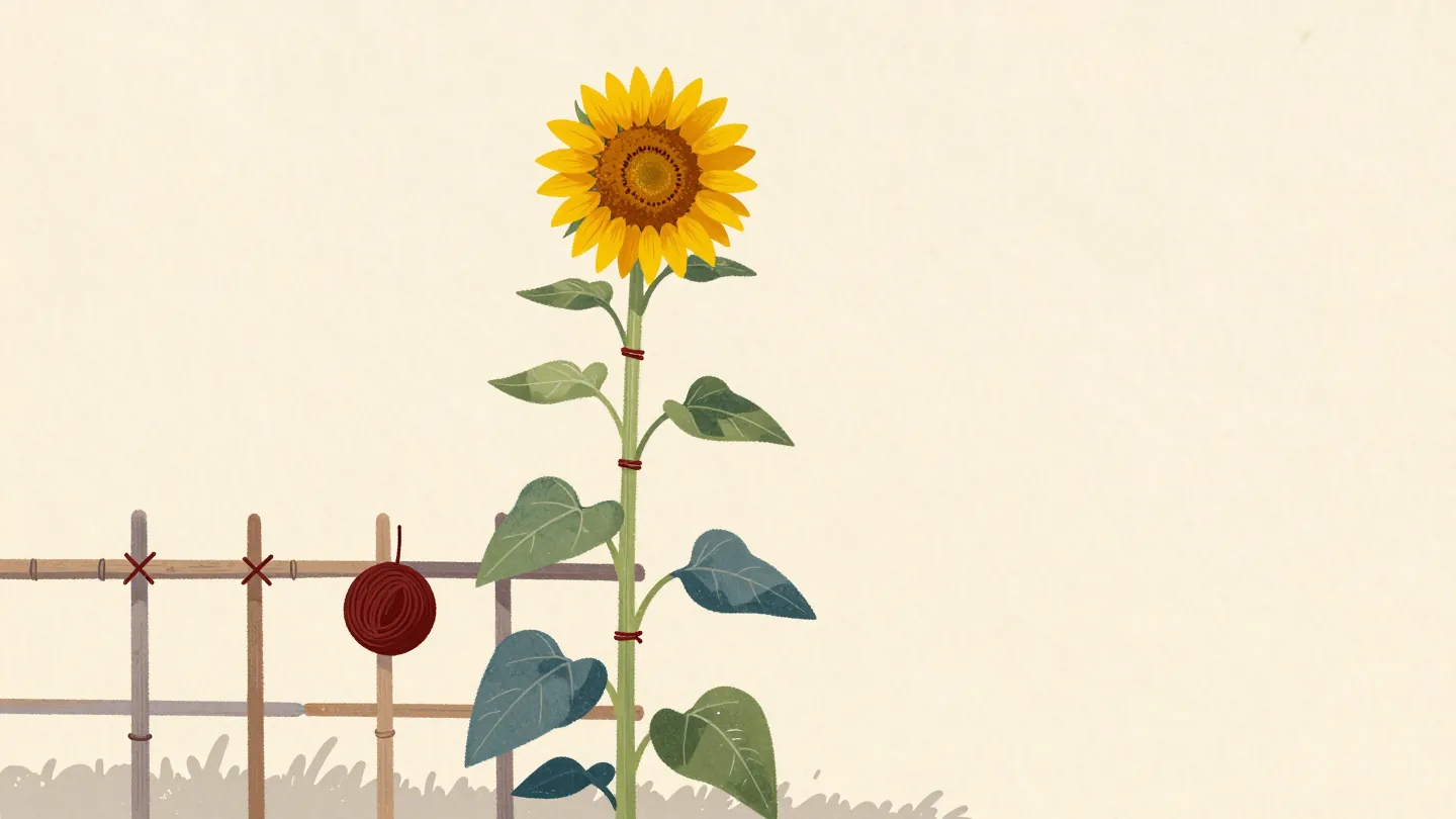 A sunflower tied to a bamboo cane with twine knots marking its height, evenly spaced until one sits far higher.