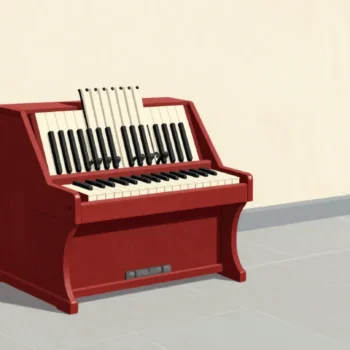 A hand turning the crank of a red barrel organ with its punched roll feeding