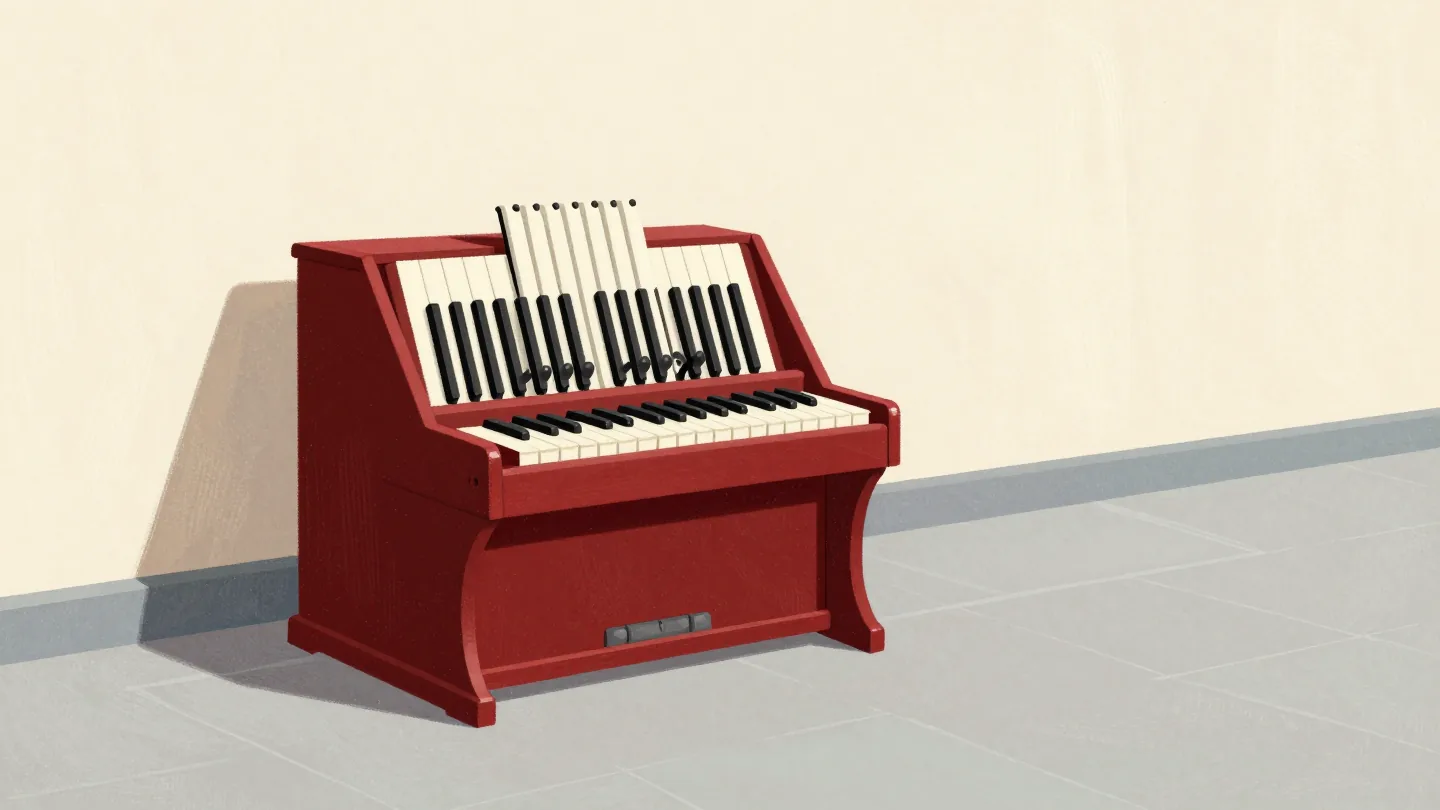 A hand turning the crank of a red barrel organ with its punched roll feeding