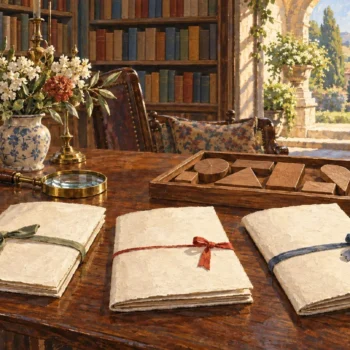 Schema-bound views illustrated by three plain tied folios beside carefully fitted wooden puzzle pieces on a study table.