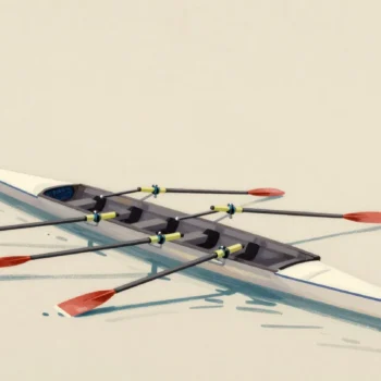 A long rowing boat with eight oars sitting in a garden pond barely bigger than the boat.