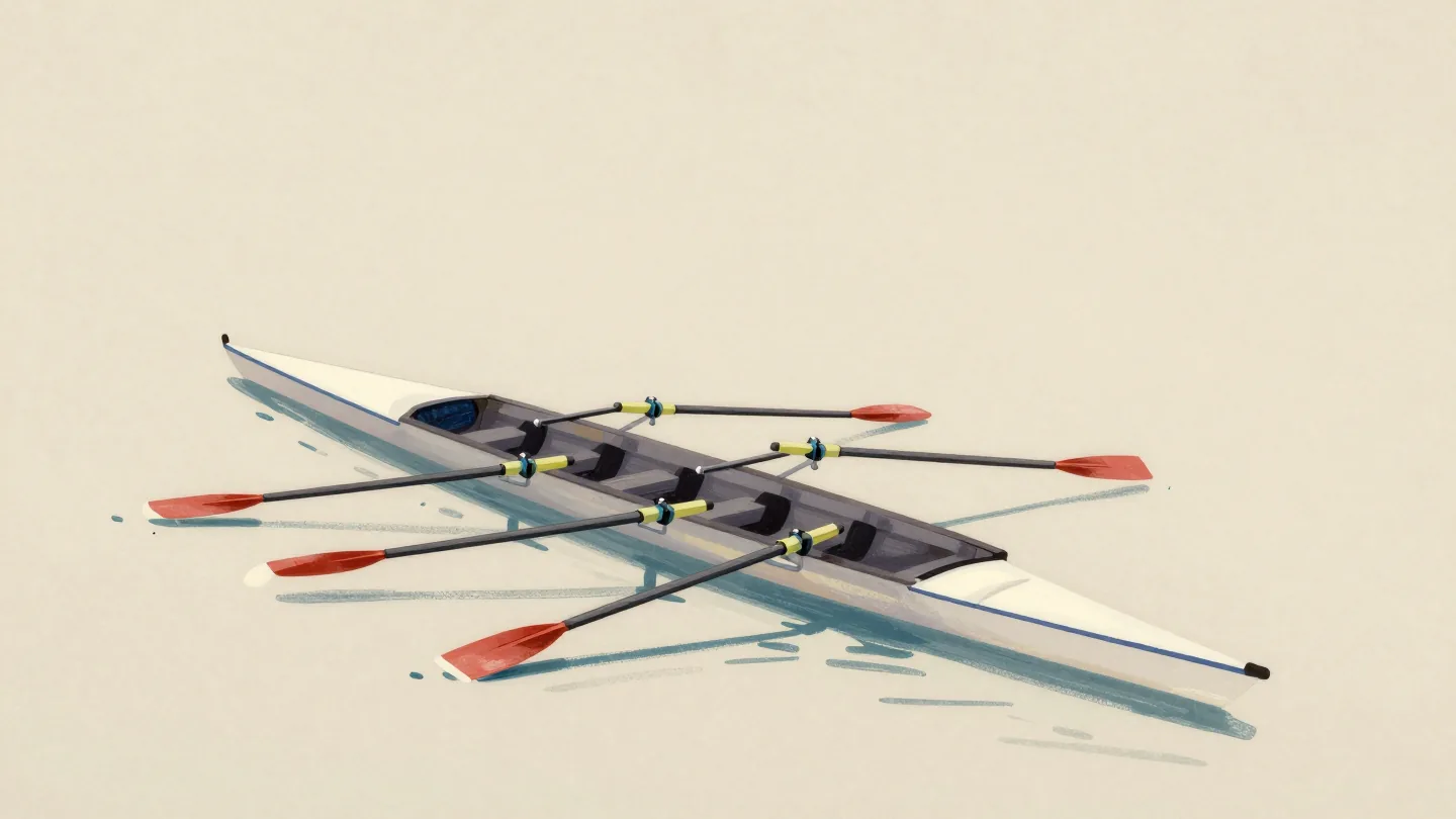 A long rowing boat with eight oars sitting in a garden pond barely bigger than the boat.