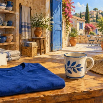A folded blue shirt, a patterned ceramic mug and a woven hat share an artisan-shop counter.