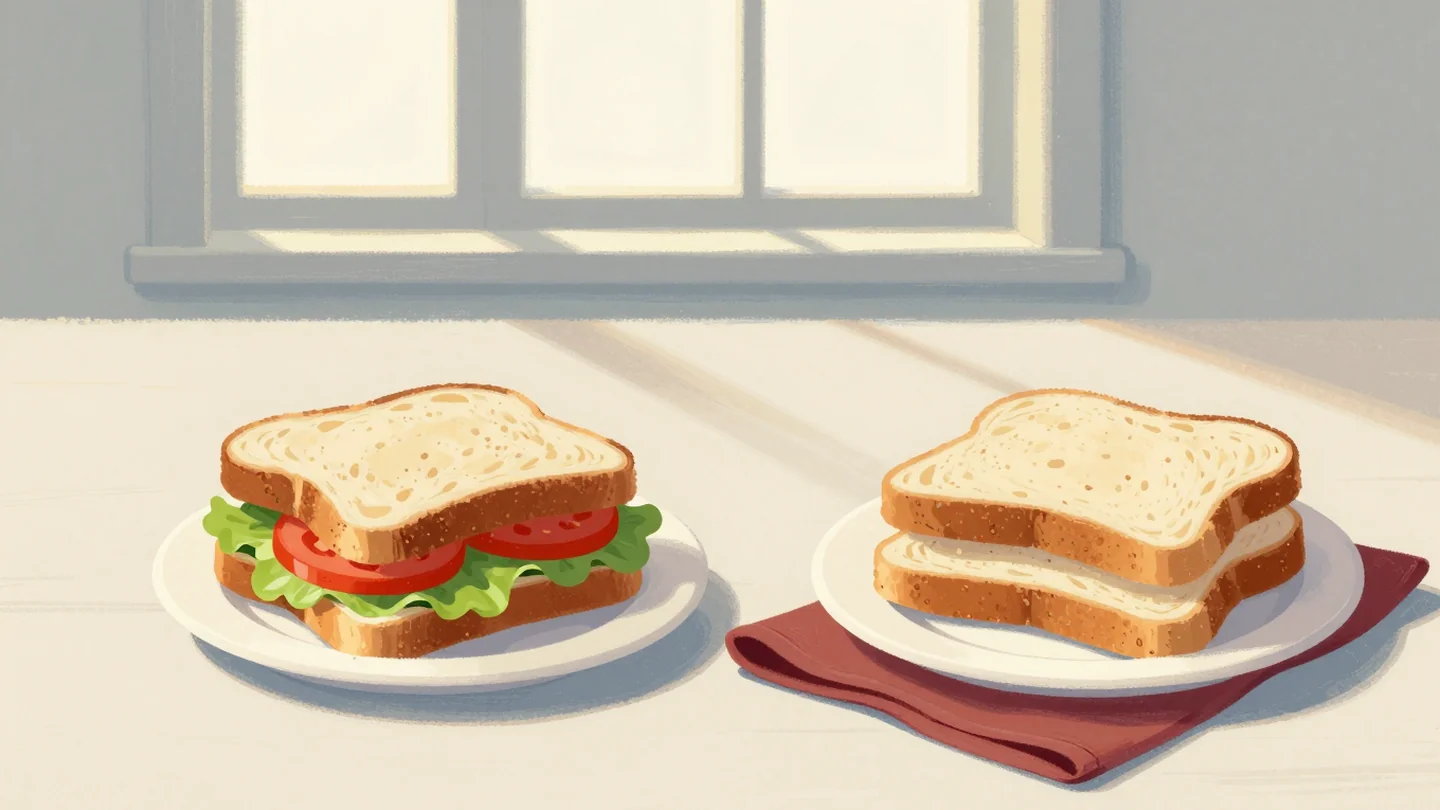 Gouache painting: two sandwiches sit on matching plates and look identical from the front