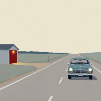 An old car drives along an empty road at dusk, past a roadside garage with its shutters closed.