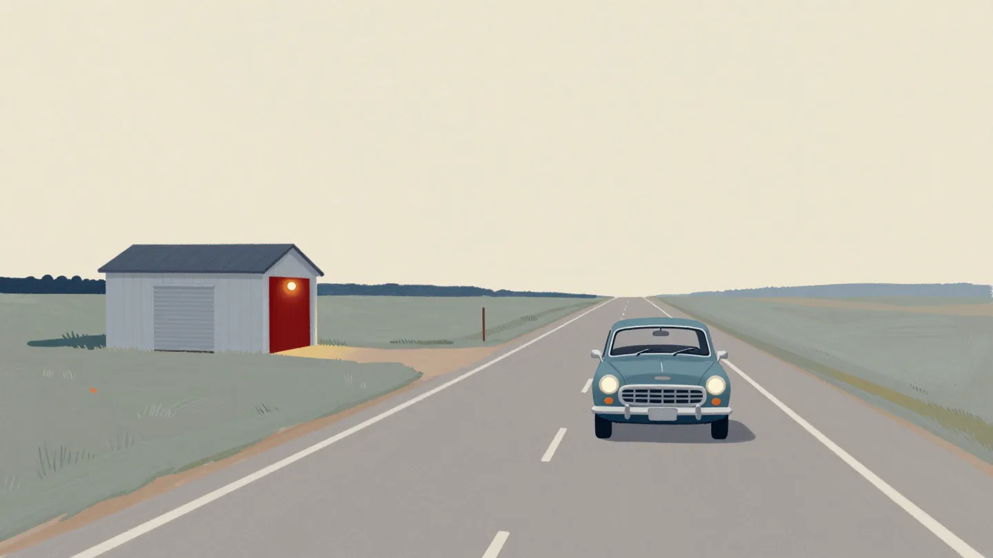 An old car drives along an empty road at dusk, past a roadside garage with its shutters closed.