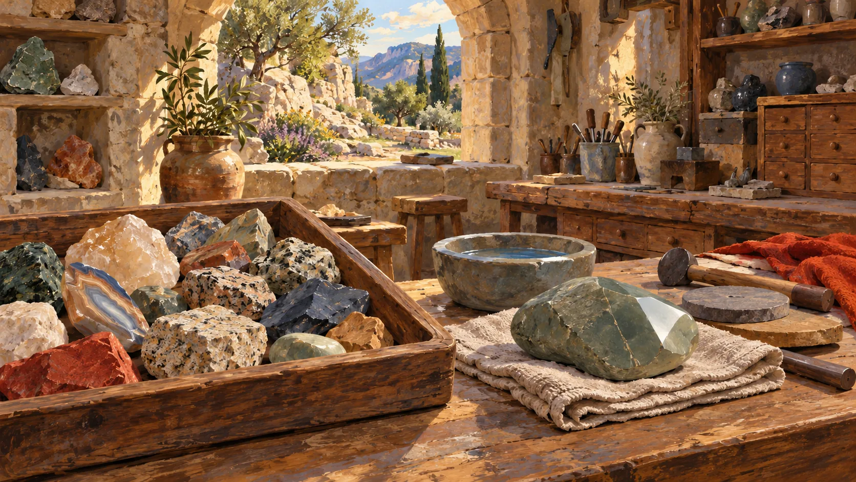 A tray of varied natural stones beside one polished sage stone on a lapidary workbench.