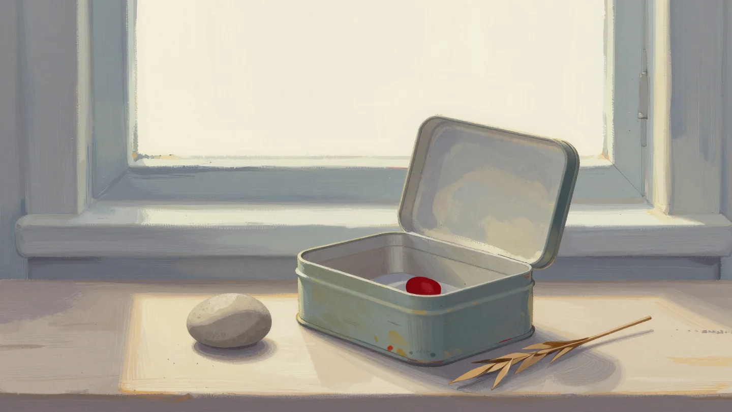 Gouache painting: a battered tin box with its lid propped open stands on a bench