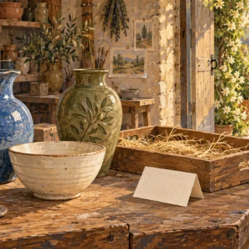 Two glazed pitchers and a cream bowl stand beside a straw-lined wooden packing tray in a sunny pottery workshop.