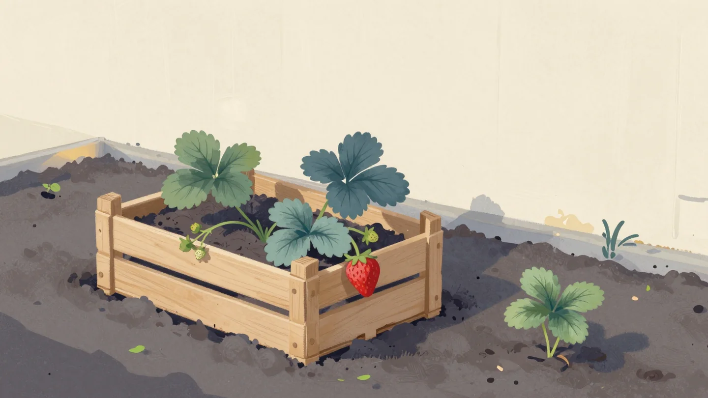 Gouache painting: in a garden bed, a strawberry mother plant and its two small runner plants, still joined by their green runners, sit together in a shallow wooden crate resting on the soil