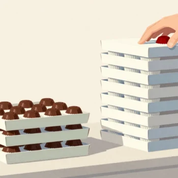 Two stacks of chocolate boxes, one short and full, one twice as tall with half-empty boxes