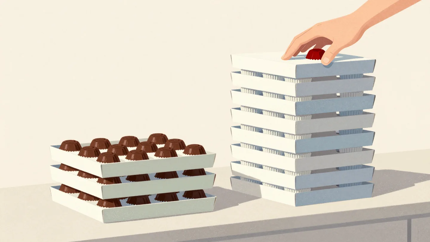 Two stacks of chocolate boxes, one short and full, one twice as tall with half-empty boxes