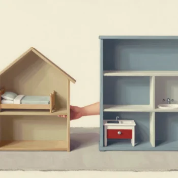 A hand moving tiny furniture from an old dollhouse into the matching rooms of a new one