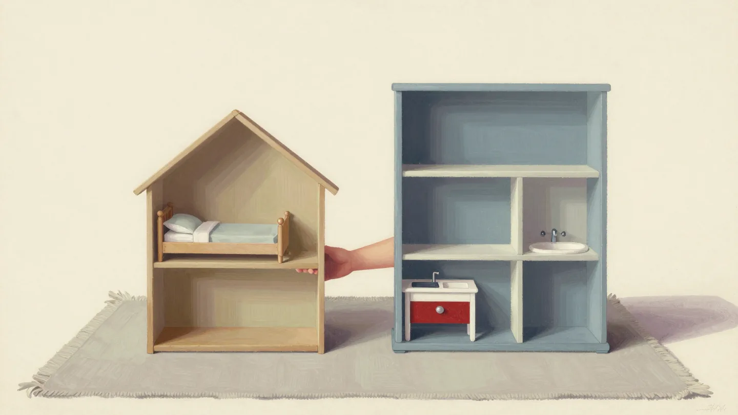 A hand moving tiny furniture from an old dollhouse into the matching rooms of a new one