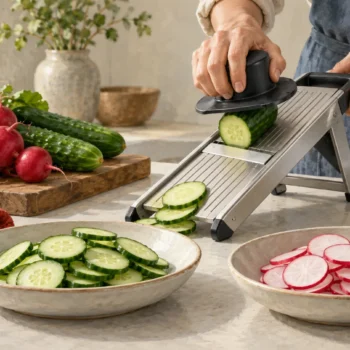 A mandoline slices a cucumber beside separate dishes of cucumber and radish slices.