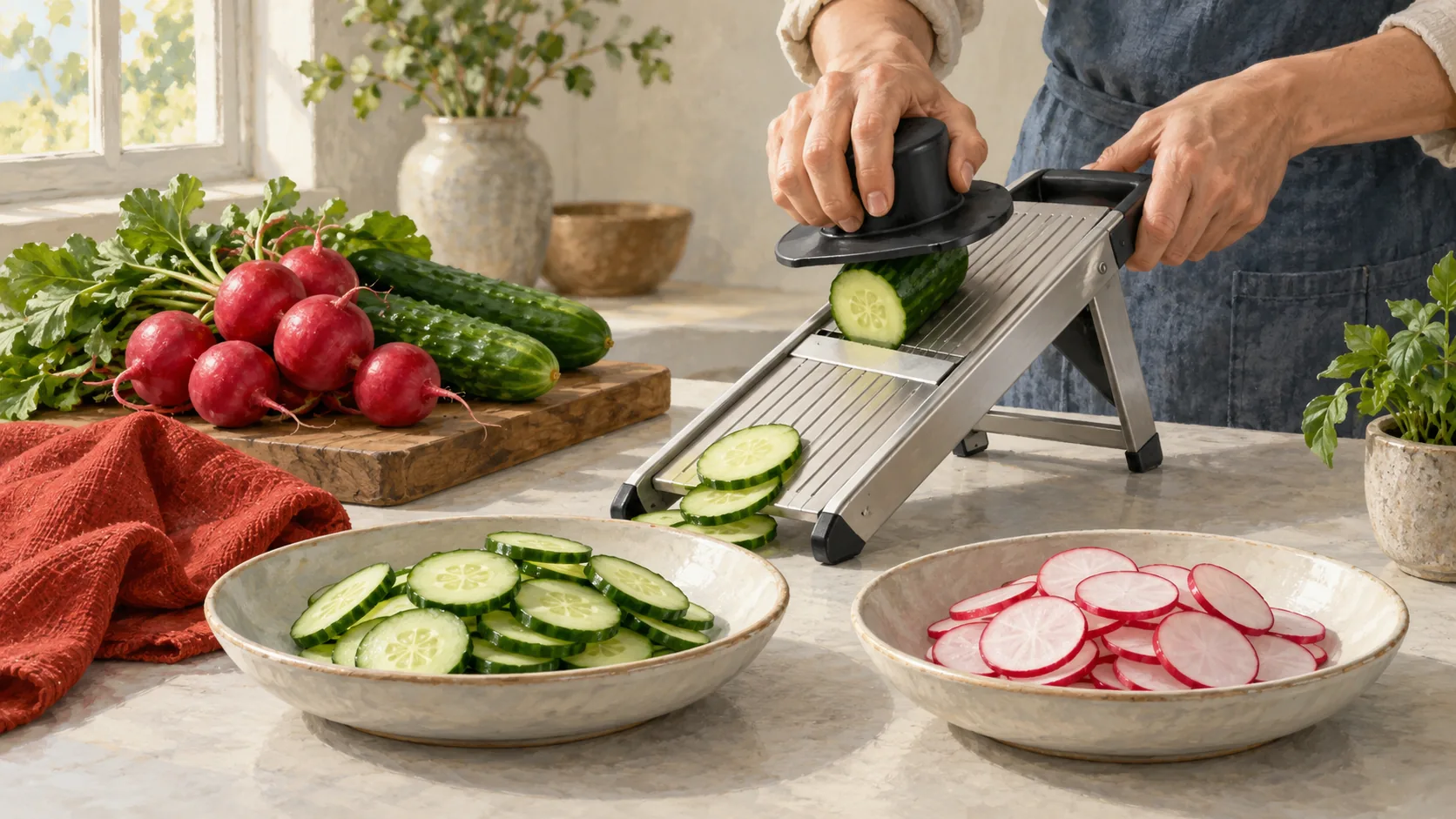 A mandoline slices a cucumber beside separate dishes of cucumber and radish slices.