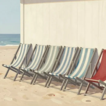 Folded deckchairs taken from a tall stack and opened one by one in a long row along the beach.