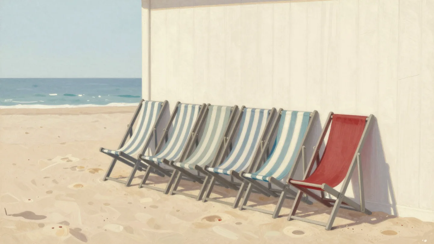 Folded deckchairs taken from a tall stack and opened one by one in a long row along the beach.