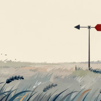 A barn weathervane pointing one way while the wheat field below bends the other way in a gust.