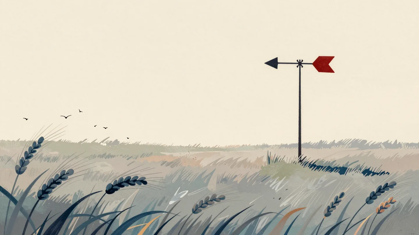 A barn weathervane pointing one way while the wheat field below bends the other way in a gust.
