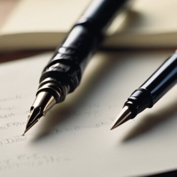 Fountain pens resting on handwritten pages, a white paper in progress