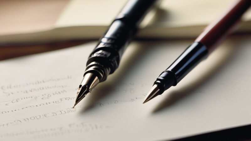 Fountain pens resting on handwritten pages, a white paper in progress
