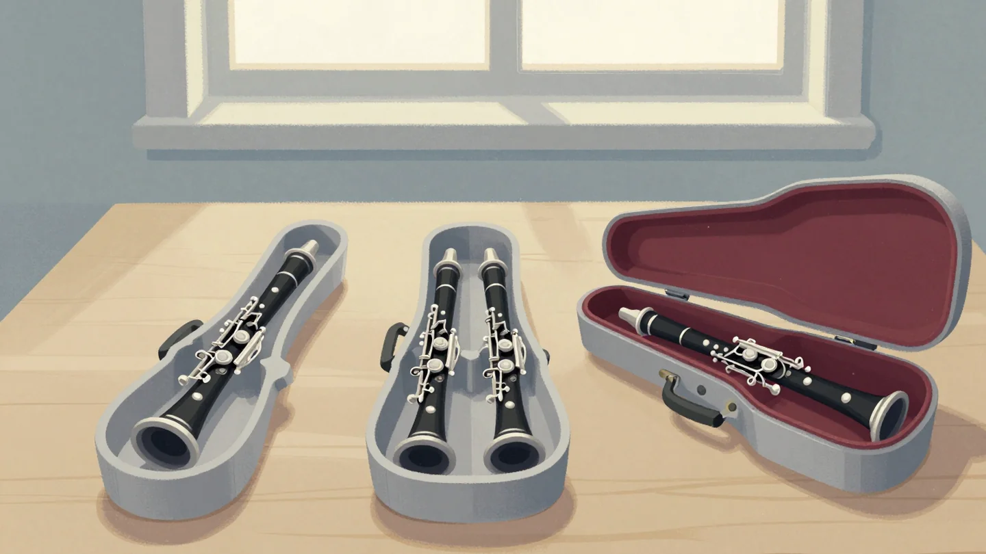 Gouache painting: three clarinet cases on a wooden table, one holding a single clarinet, one with two clarinets crammed in, and a larger case lined in deep red