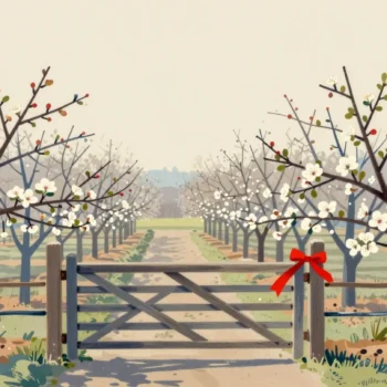 An orchard gate in early spring with a red ribbon tied to the post