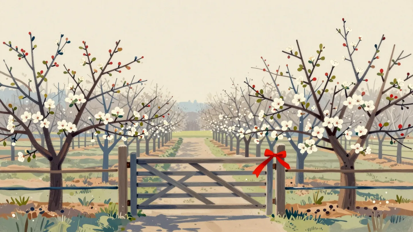 An orchard gate in early spring with a red ribbon tied to the post