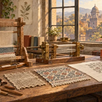 A wooden loom and brass thread-tension mechanism stand beside woven cloth samples, yarn and an unlabelled botanical fabric design.
