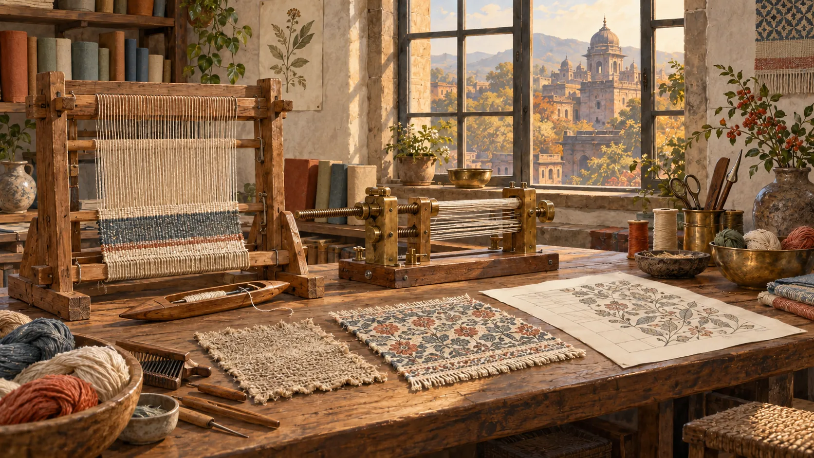 A wooden loom and brass thread-tension mechanism stand beside woven cloth samples, yarn and an unlabelled botanical fabric design.