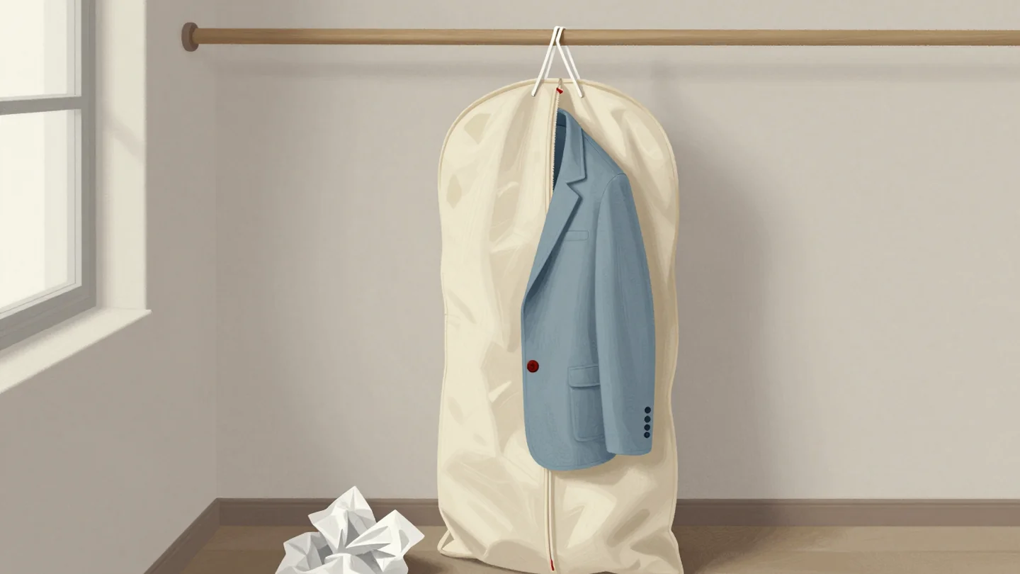 Gouache painting: a cream garment bag hangs from a wooden wardrobe rail, unzipped halfway so a slate-blue jacket shows clearly inside