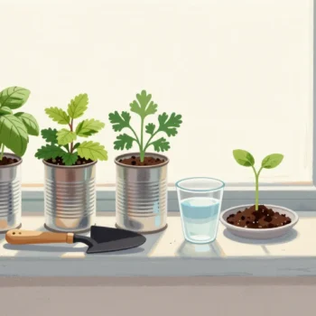 Herbs growing in reused tin cans and jars on a sunny windowsill, with a spoon used as a trowel beside them.