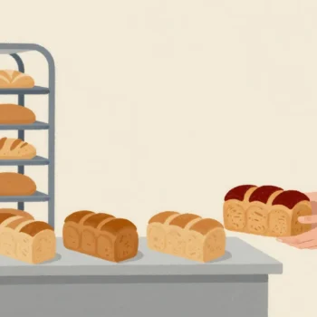 A bakery counter where cooled loaves are sold from the shelf while a fresh tray cools on a rack behind the counter.