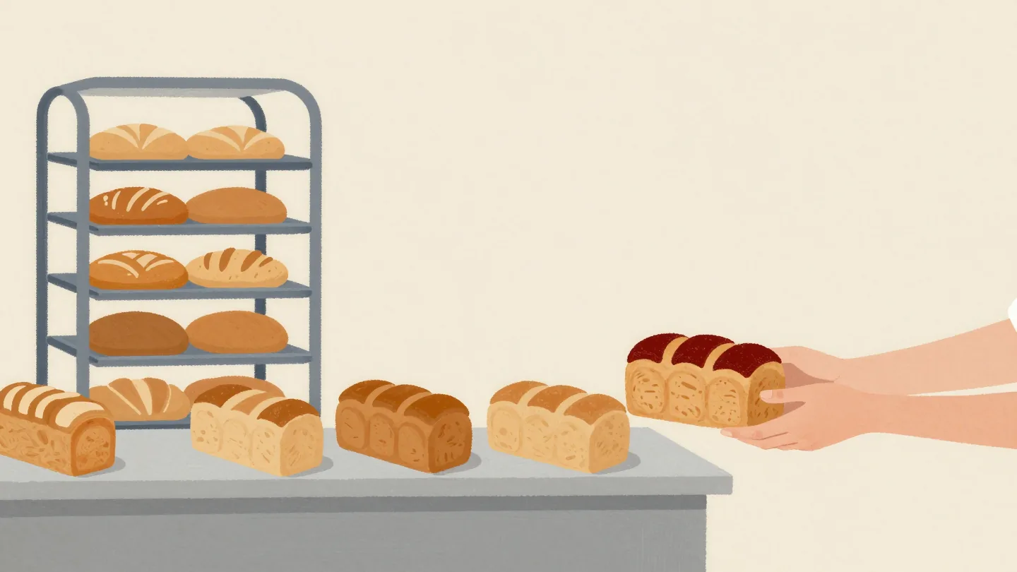 A bakery counter where cooled loaves are sold from the shelf while a fresh tray cools on a rack behind the counter.