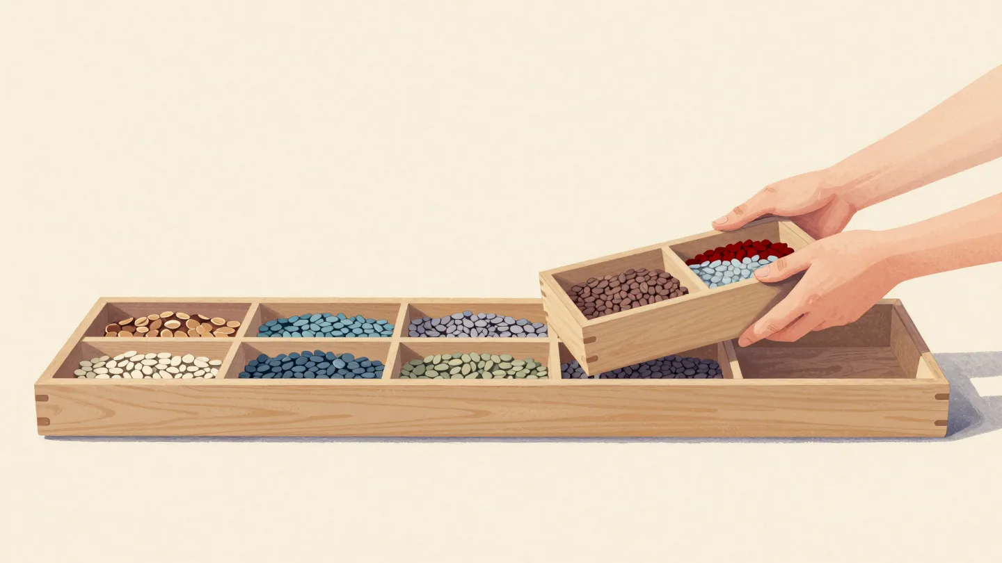 A long wooden seed drawer with equal compartments, two hands lifting one out whole while an empty one waits at the end.
