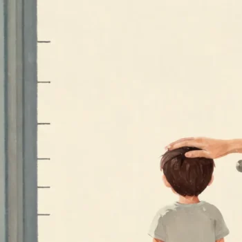 A child seen from behind against a door frame with pencil height lines, an adult hand marking a new higher line.