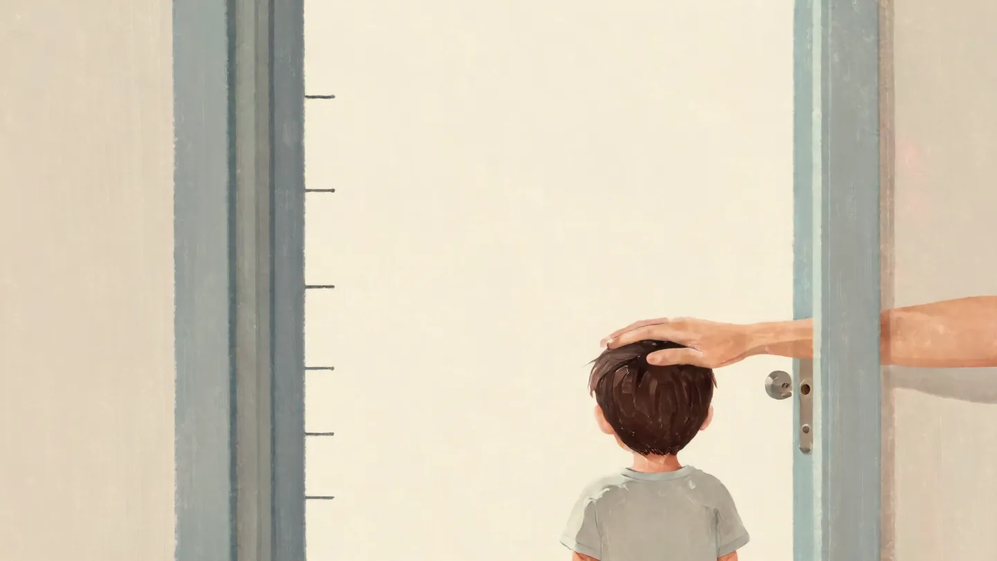 A child seen from behind against a door frame with pencil height lines, an adult hand marking a new higher line.