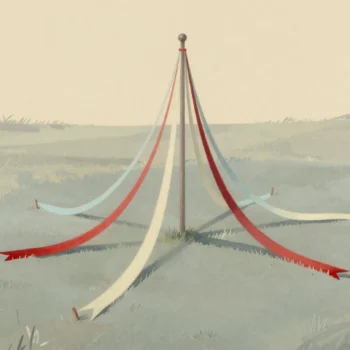 A maypole with five ribbons stretched out to stakes around it like a star
